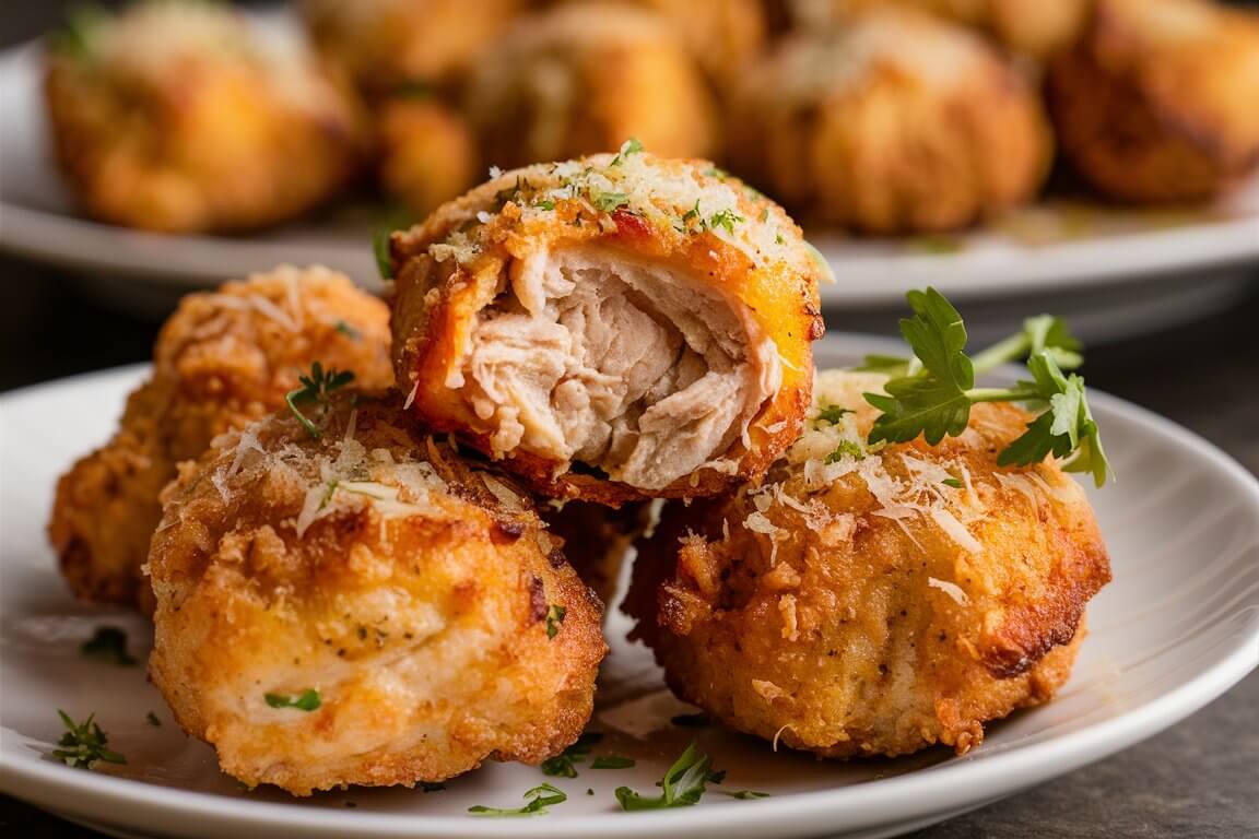 Golden, crispy fried chicken bites garnished with parsley and cheese on a white plate. Juicy interior visible, highlighting delicious texture and flavor.