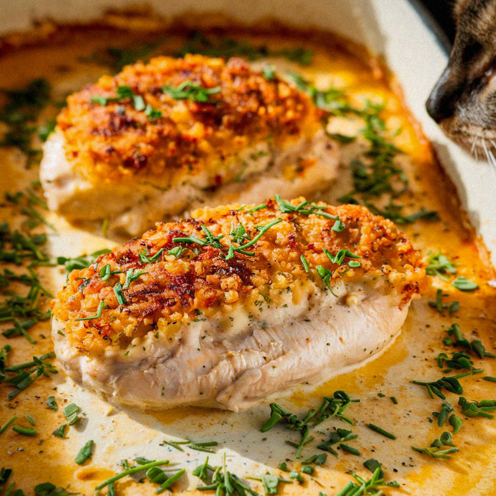 Two crispy, herb-crusted chicken breasts in a baking dish, with a cat curiously observing from the side.