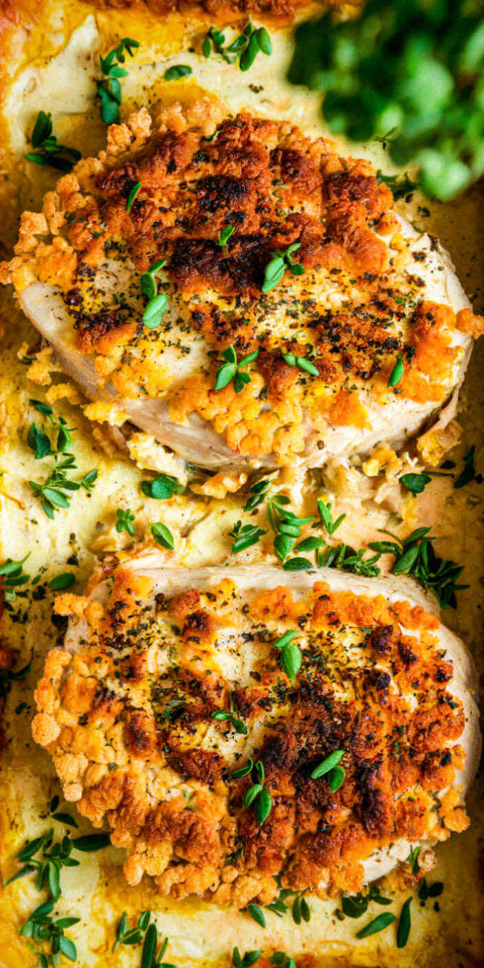 Two pieces of herb-crusted baked chicken garnished with fresh green herbs on a creamy sauce backdrop.