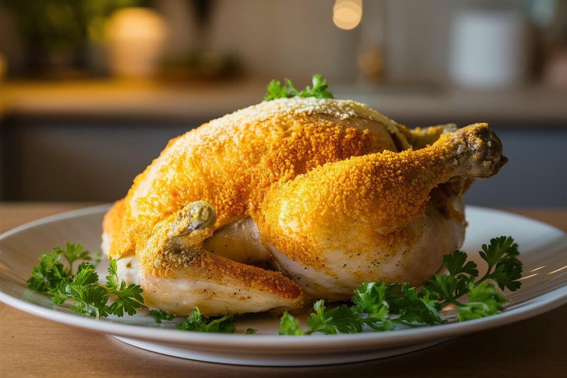 A golden roasted chicken garnished with fresh parsley on a white plate, set on a wooden table in a softly lit kitchen.