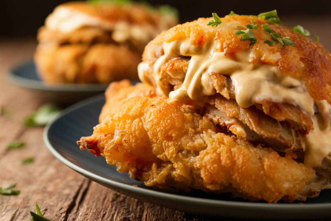 Close-up of a fried chicken sandwich with creamy sauce and herbs on a plate, placed on a rustic wooden table.