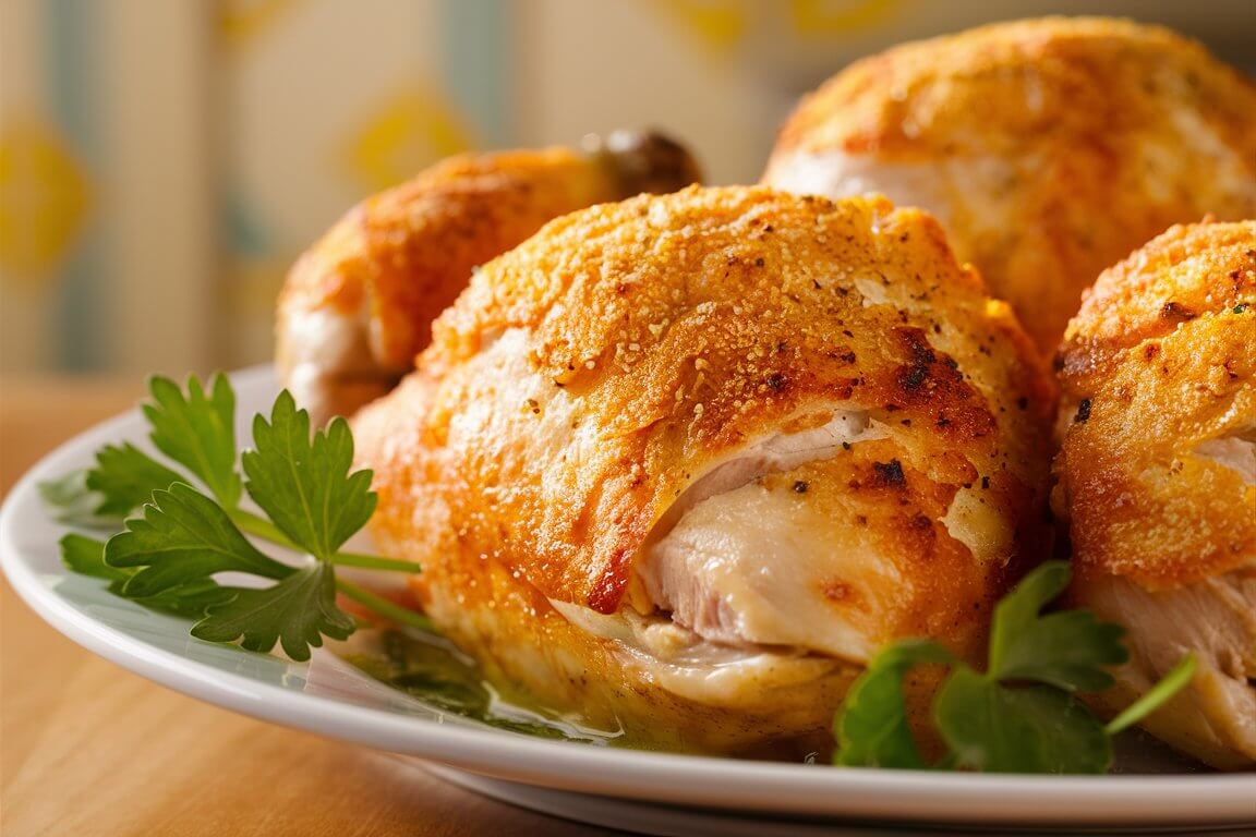 Crispy baked chicken pieces garnished with fresh parsley on a white plate, set on a wooden table with a colorful background.