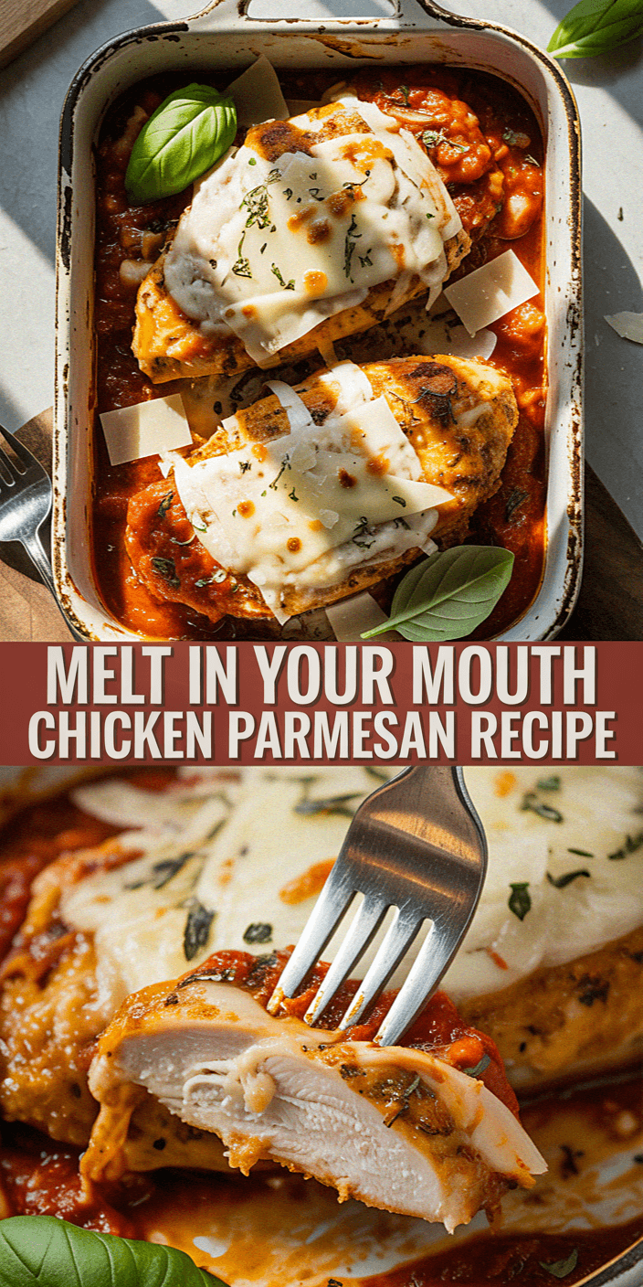 Baked chicken Parmesan topped with melted cheese, herbs, and tomato sauce. Fresh basil garnish. Text: "Melt In Your Mouth Chicken Parmesan Recipe."