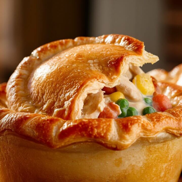 Golden-brown pot pie with vegetables and creamy filling, partially opened. Warm and inviting, a classic comfort food on a wooden surface.