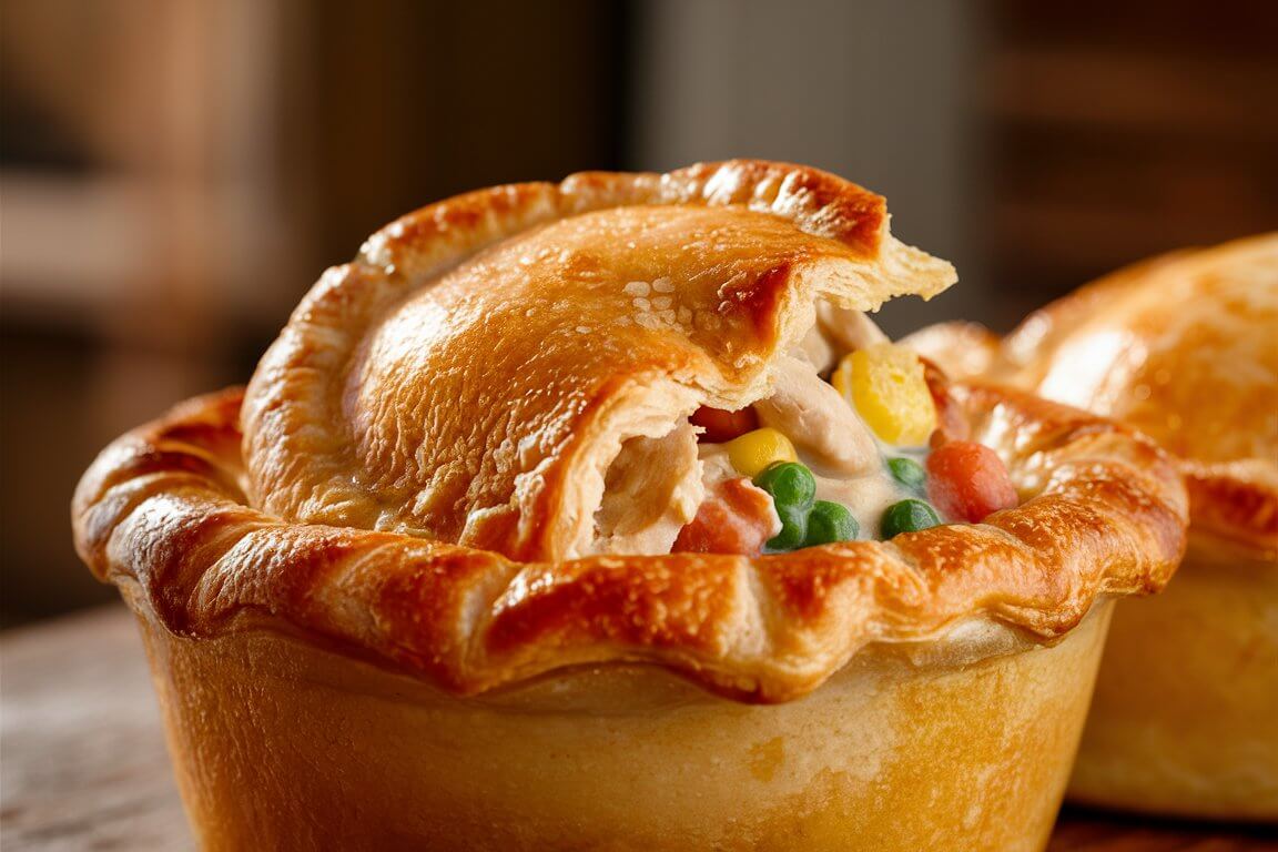 Golden-brown pot pie with vegetables and creamy filling, partially opened. Warm and inviting, a classic comfort food on a wooden surface.
