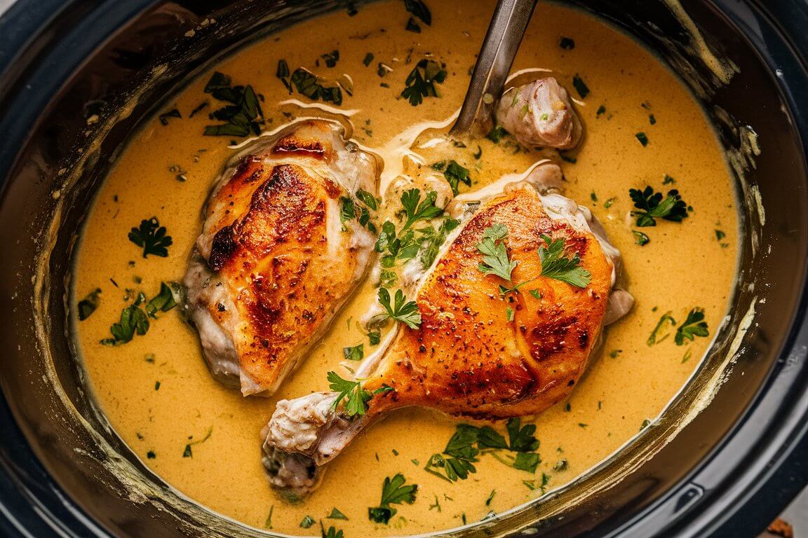 Two cooked chicken drumsticks in creamy sauce, garnished with parsley in a slow cooker, with a spoon.