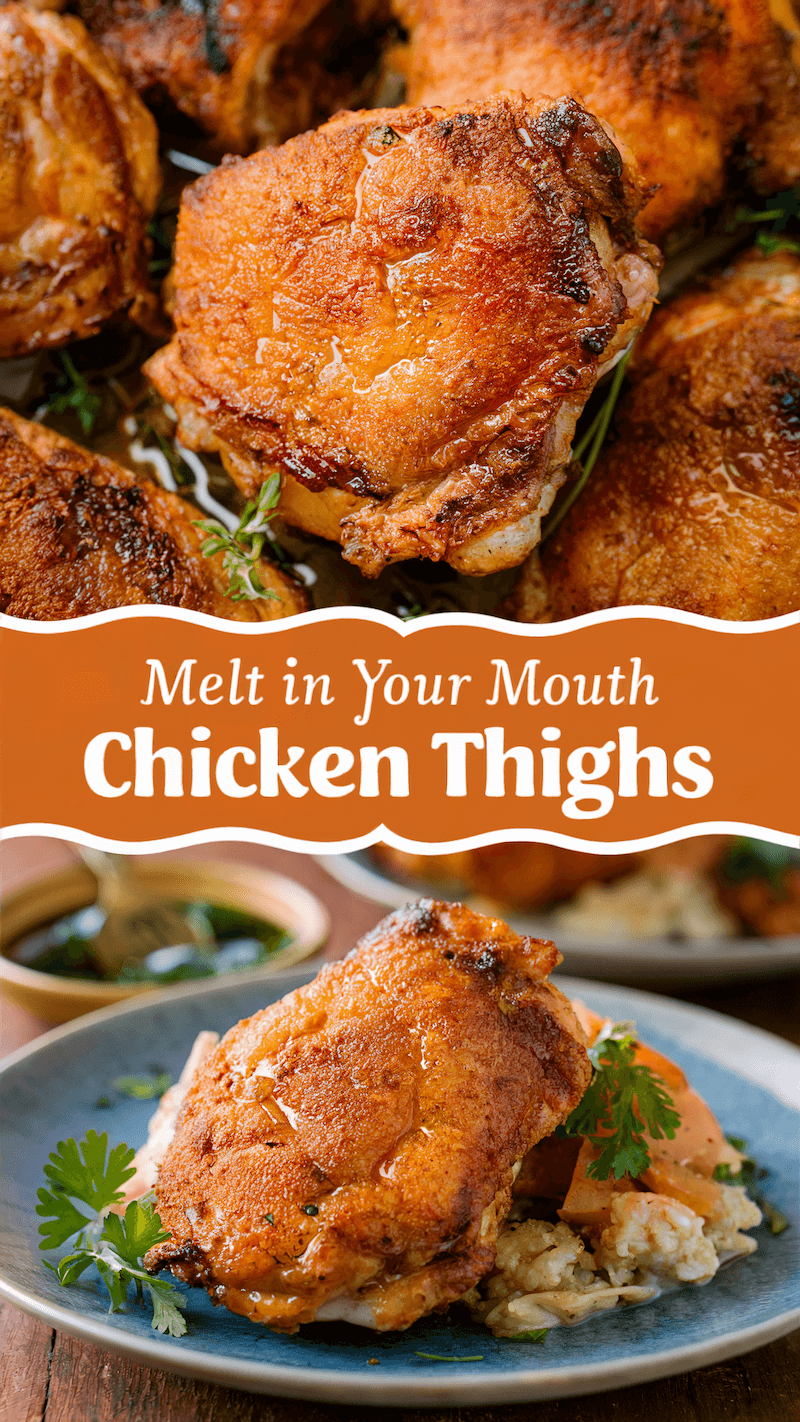 Close-up images of crispy chicken thighs on a plate with garnish. Text reads "Melt in Your Mouth Chicken Thighs."