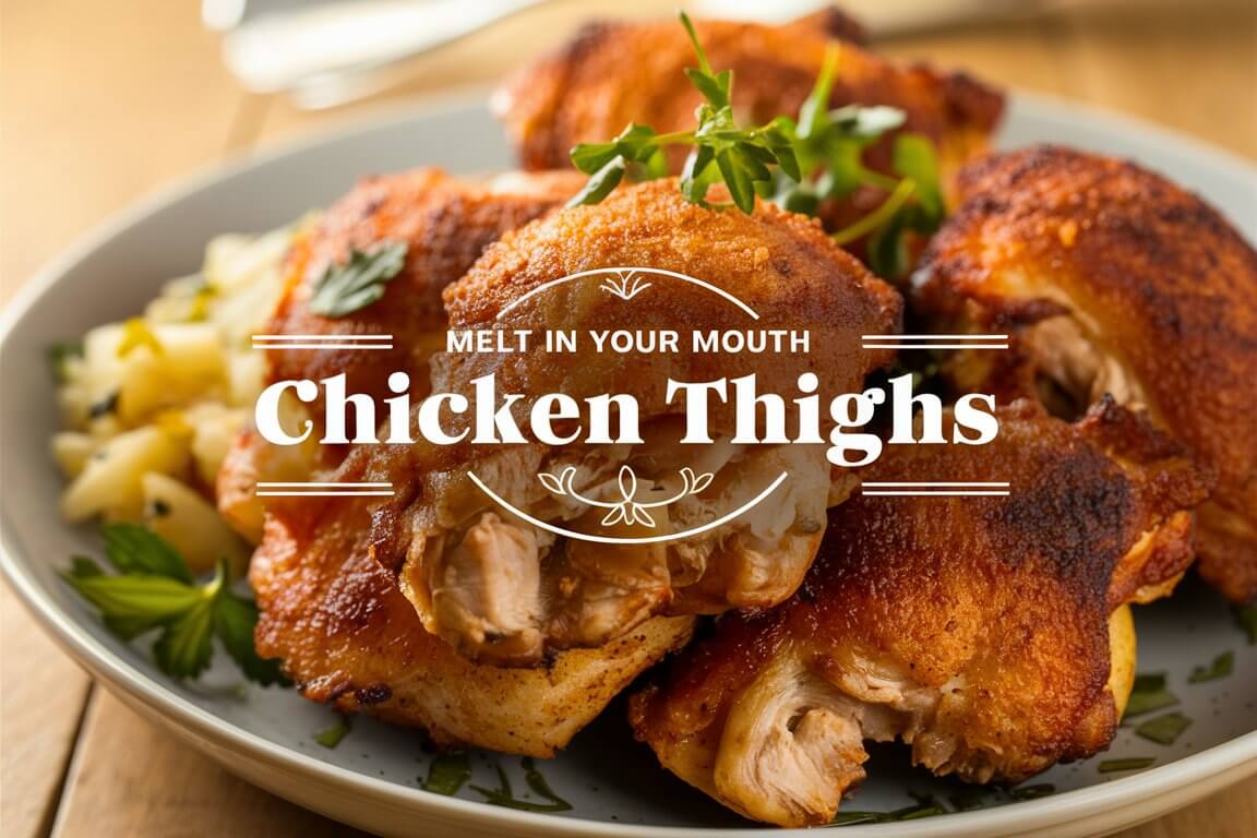 Plate of seasoned chicken thighs with garnish, highlighted by text promoting their tenderness. The dish sits on a wooden table.