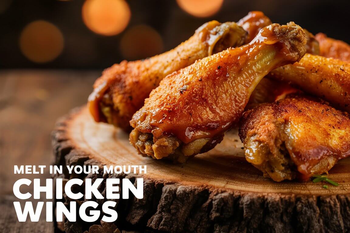 Close-up of crispy, saucy chicken wings on a wooden board with text "Melt in your mouth chicken wings" in the foreground.
