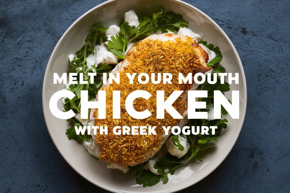 A dish of chicken with crispy topping on greens. Text overlay: “Melt in Your Mouth Chicken with Greek Yogurt.”