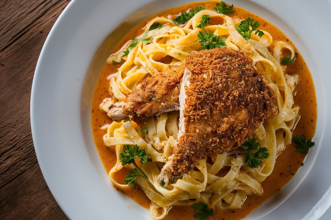 A plate of creamy fettuccine pasta topped with crispy fried chicken and garnished with fresh parsley leaves, on a wooden table.