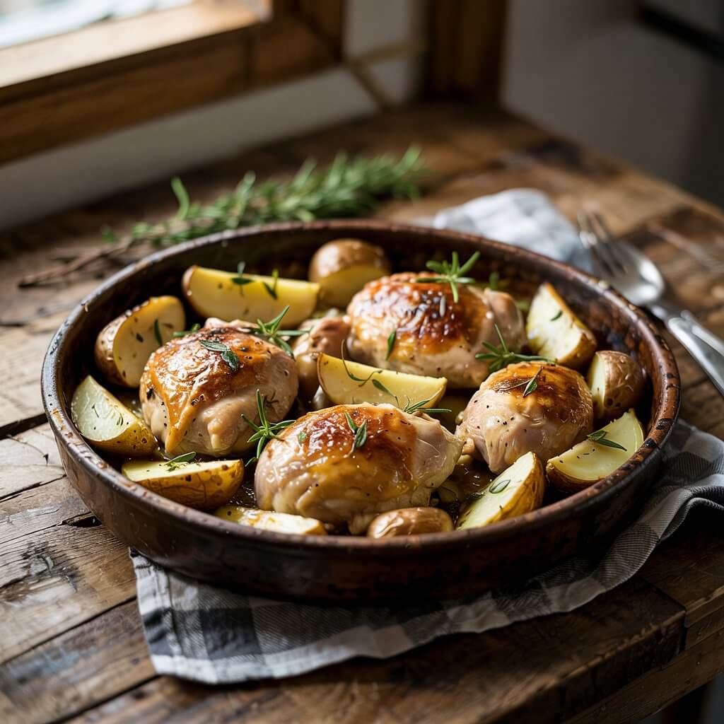 A rustic wooden table holds a roasted chicken and potatoes dish, garnished with rosemary. Natural light highlights the meal's golden tones.