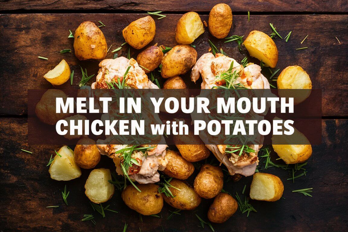 Roasted chicken and potatoes garnished with herbs on wooden surface. Text overlay reads "Melt in Your Mouth Chicken with Potatoes."