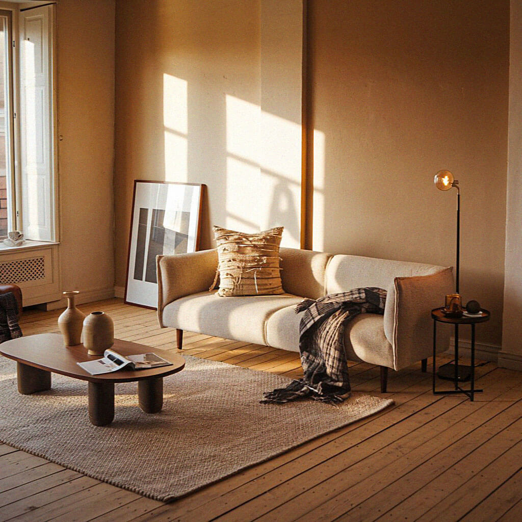 Sunlit living room with a beige sofa, textured cushion, and plaid throw. Minimalistic decor includes a wooden coffee table, vases, and wall art.