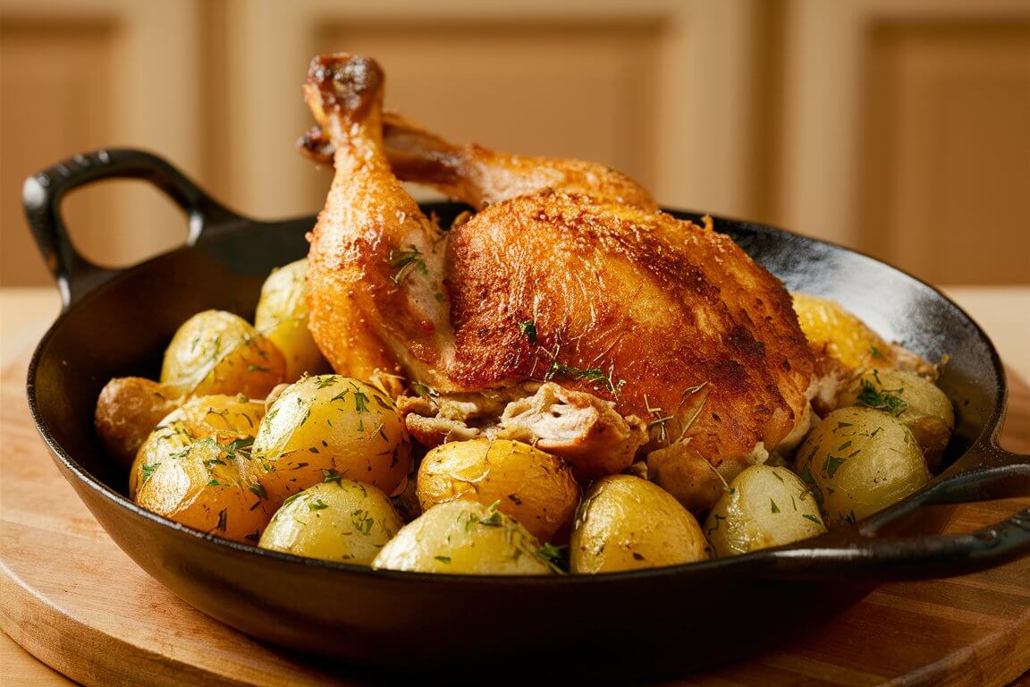 A roasted chicken with golden potatoes in a cast iron skillet, garnished with fresh herbs, placed on a wooden surface.