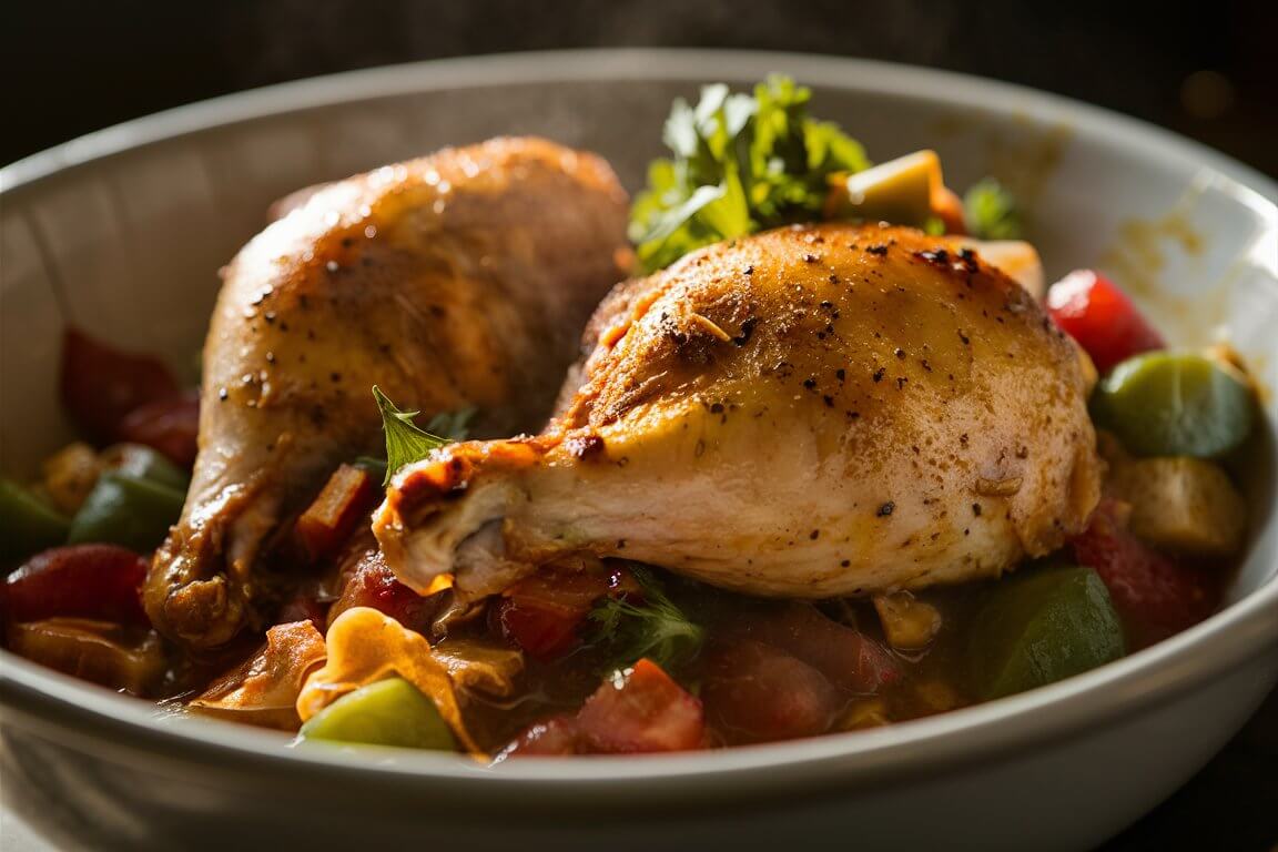 A dish featuring two roasted chicken legs garnished with herbs, surrounded by colorful vegetables in a white bowl, warmly lit.