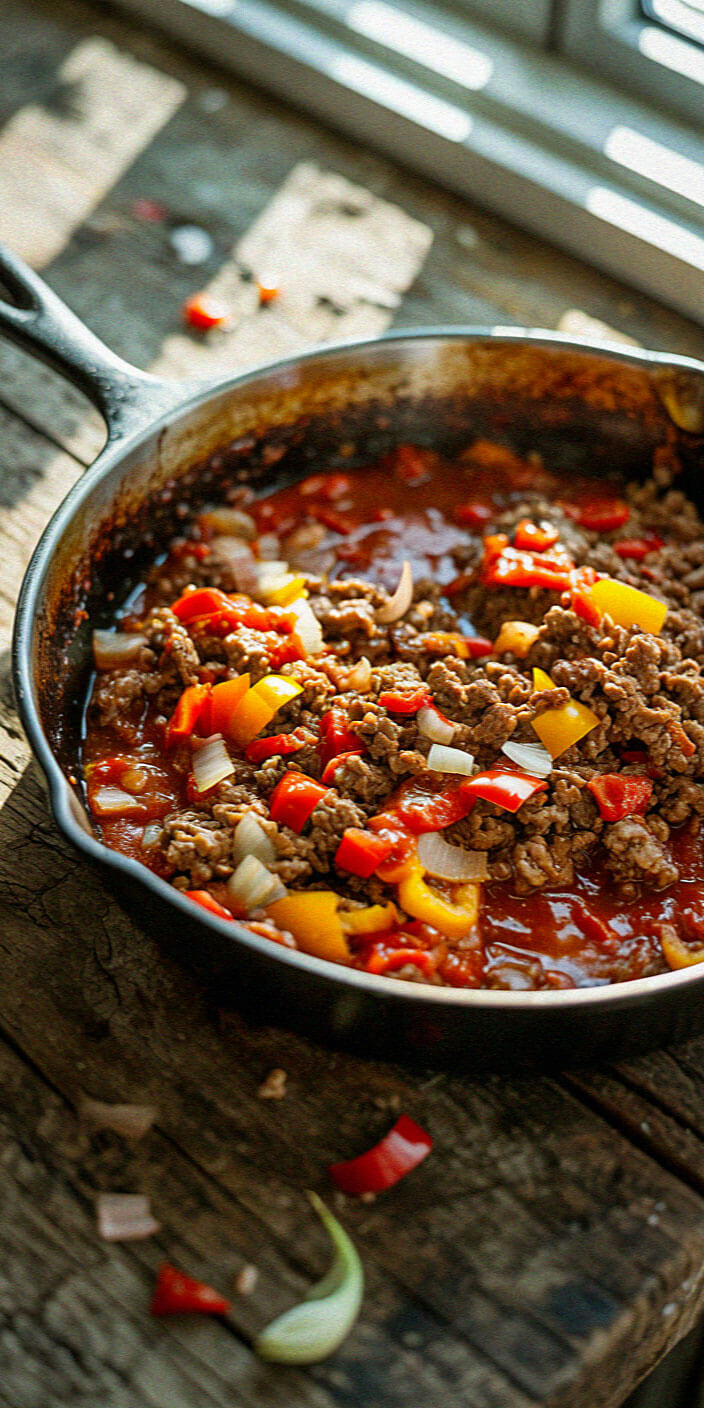 A cast iron skillet filled with a vibrant mix of diced vegetables, ground meat, and tomatoes, sitting on a rustic wooden surface.