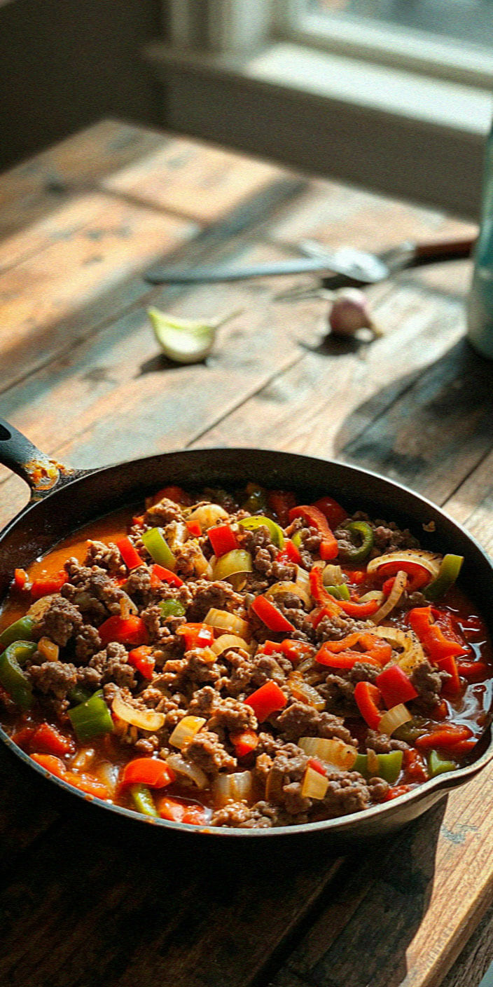 A skillet with ground meat, colorful bell peppers, and onions on a rustic wooden table with soft, natural light from a nearby window.