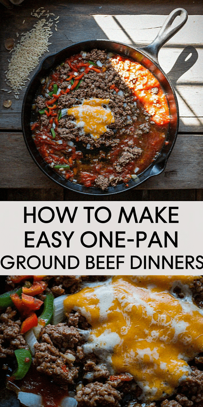 A skillet meal of ground beef, cheese, and vegetables with rice on table. Text below reads: "How to Make Easy One-Pan Ground Beef Dinners."