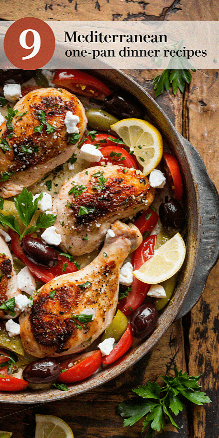 Rustic table with a skillet containing Mediterranean-style chicken, olives, tomatoes, feta, peppers, and lemon slices. Text: 9 Mediterranean one-pan dinner recipes.