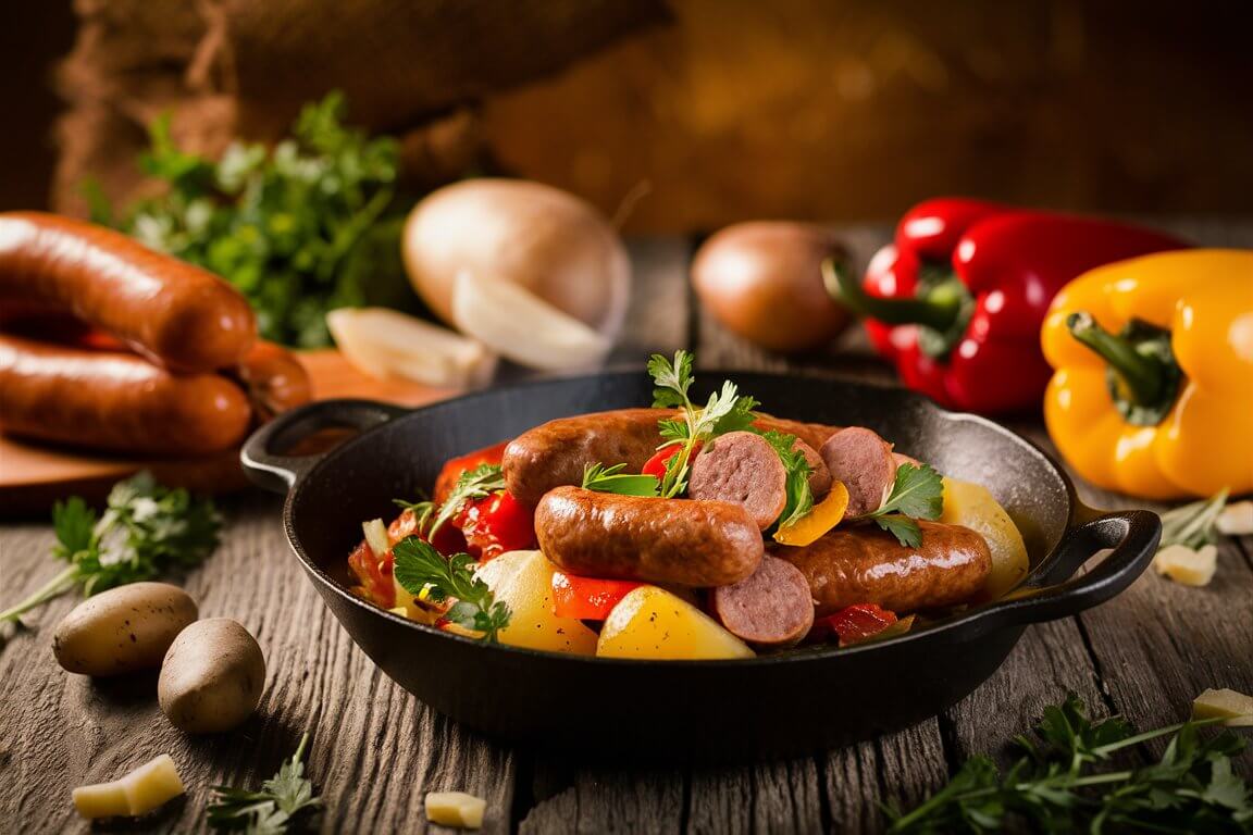 A skillet filled with sausages, potatoes, peppers, and herbs on a rustic wooden table, surrounded by fresh vegetables and ingredients.