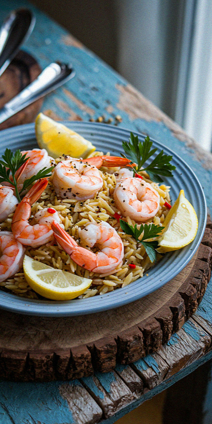 A plate of shrimp and rice garnished with lemon wedges and parsley on a rustic wooden surface.