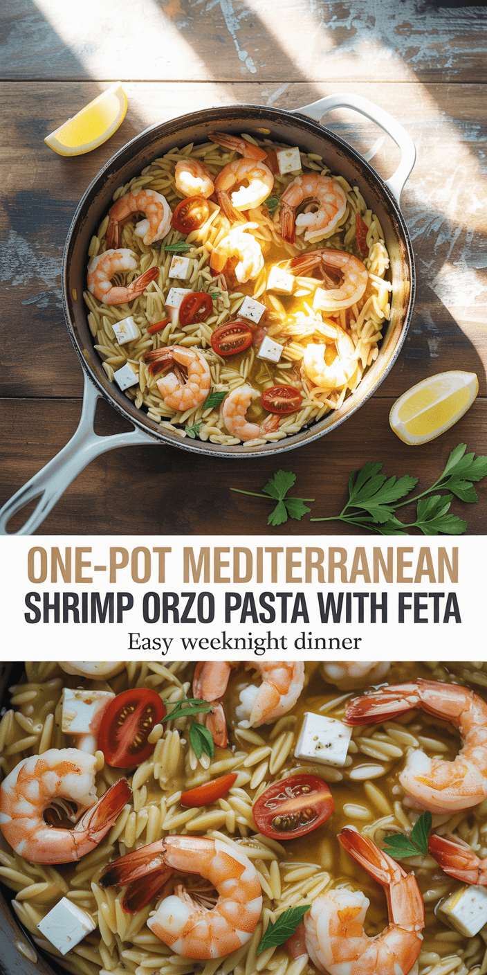 Skillet with Mediterranean shrimp orzo pasta, tomatoes, feta. Lemon wedge and parsley nearby. Titled "One-Pot Mediterranean Shrimp Orzo Pasta with Feta."