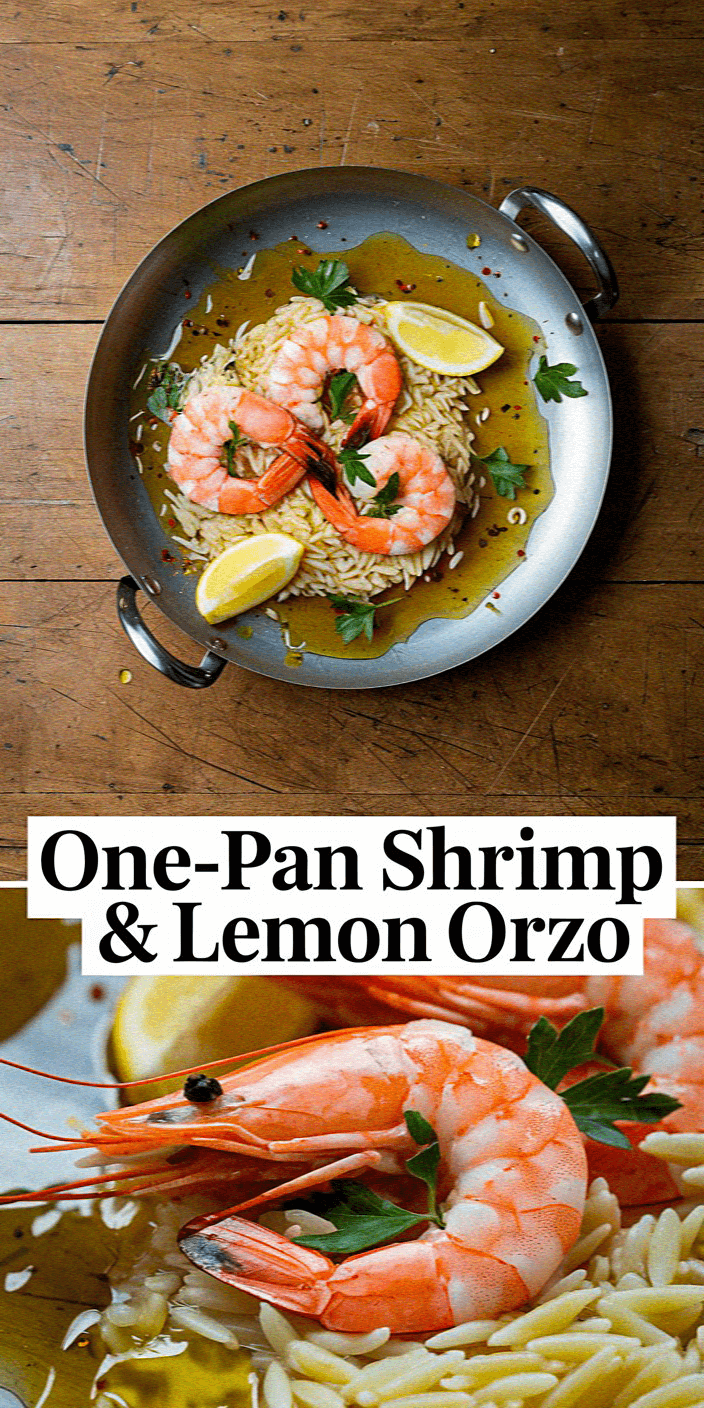 A pan with shrimp, lemon slices, and orzo pasta on a wooden table, accompanied by a "One-Pan Shrimp & Lemon Orzo" text overlay.