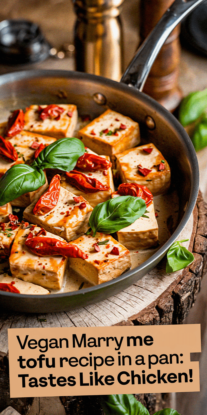 Pan of seasoned tofu with sun-dried tomatoes and basil. Text: “Vegan Marry me tofu recipe in a pan: Tastes Like Chicken!”