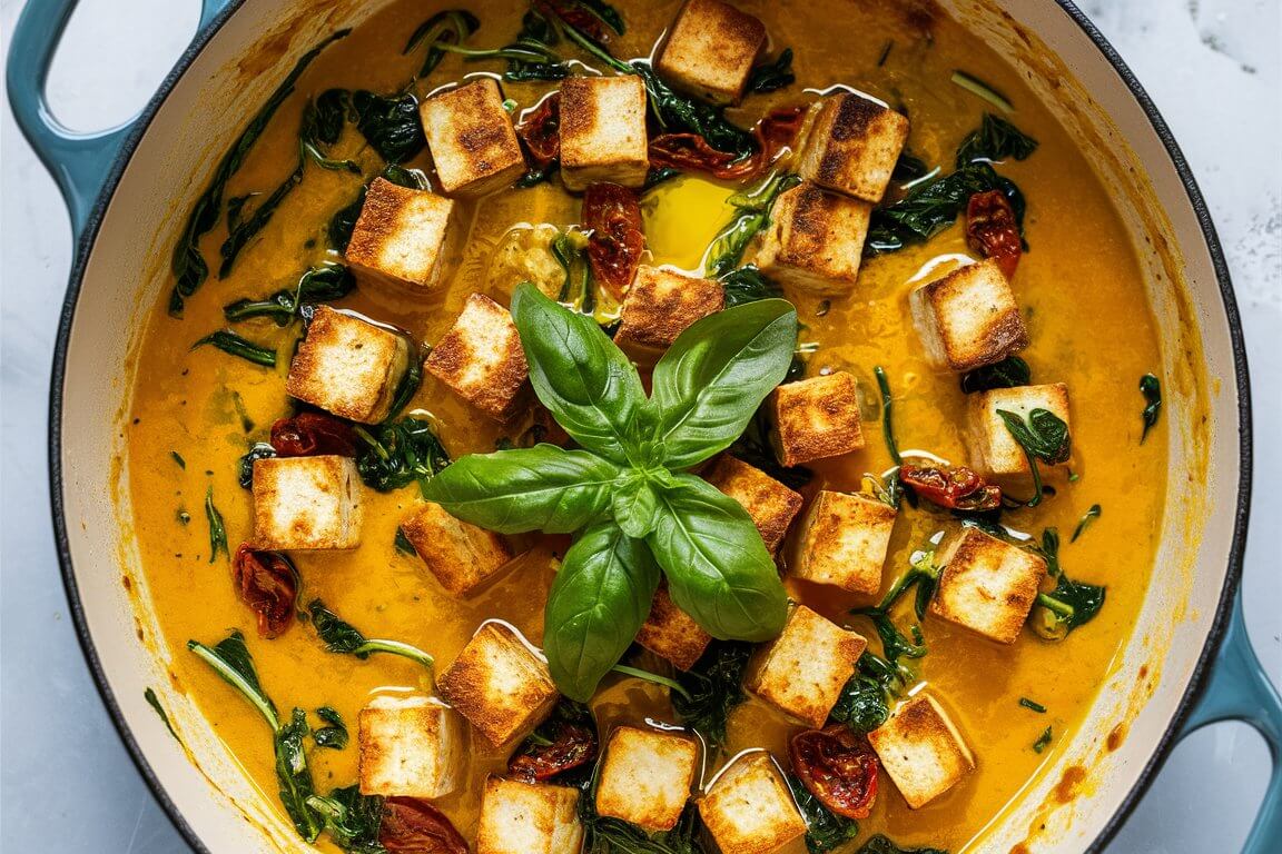 A vibrant dish with cubes of tofu, cherry tomatoes, spinach, and basil in a creamy orange sauce, served in a round pot.