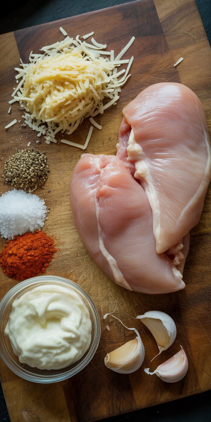 Raw chicken breasts, grated cheese, garlic cloves, spices, and a bowl of mayonnaise are arranged on a wooden cutting board.