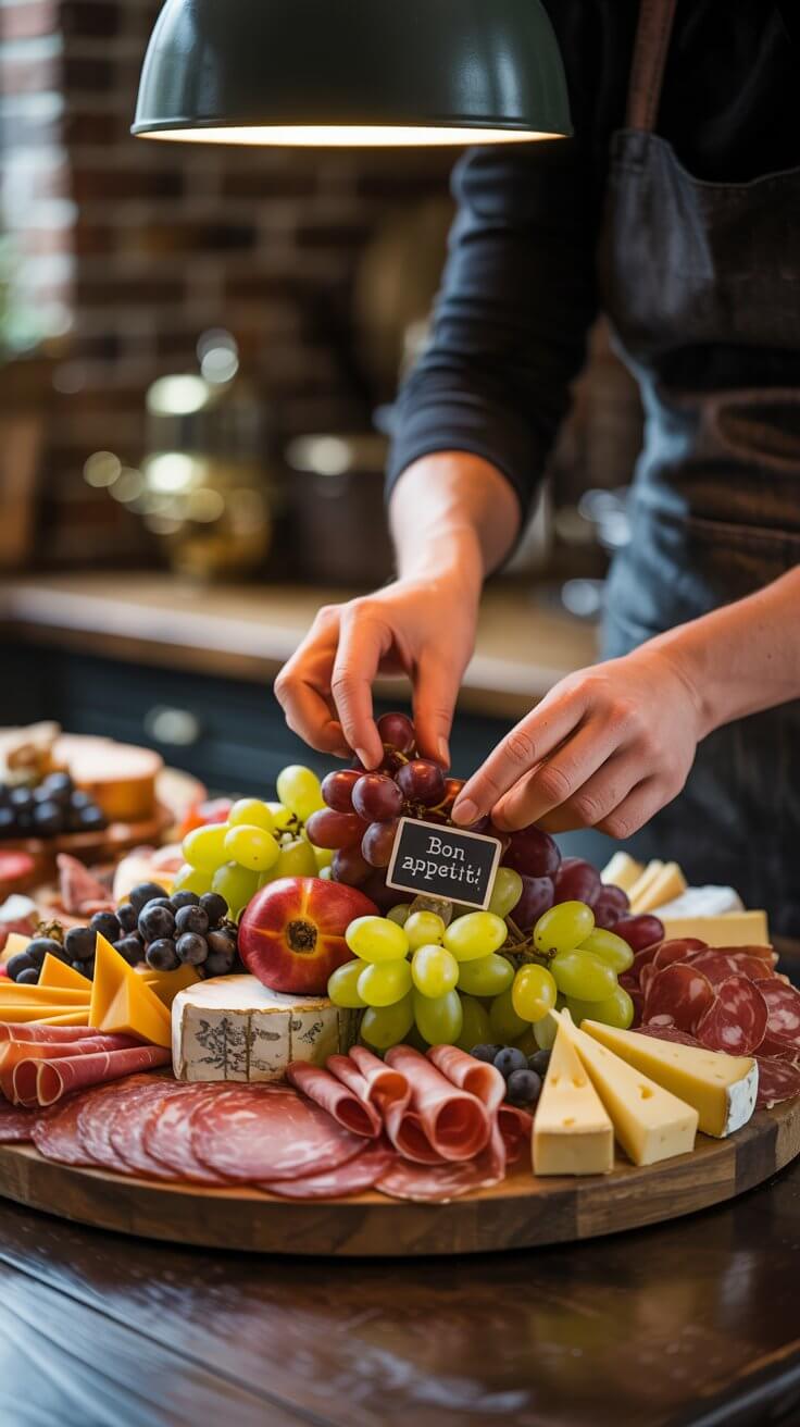 A person arranges a charcuterie board with meats, cheeses, grapes, and a "Bon Appetit!" sign under a warm hanging lamp.
