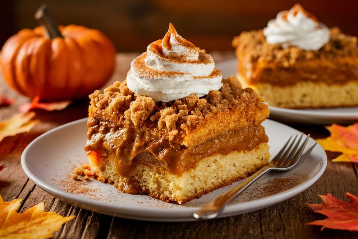 A delicious slice of pumpkin dessert with whipped cream, surrounded by autumn leaves and a small decorative pumpkin on a rustic table.