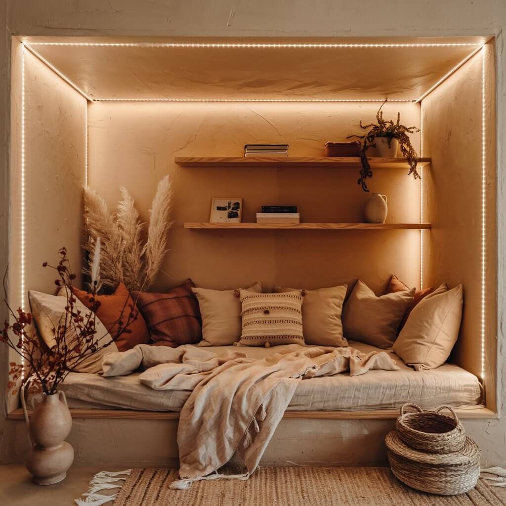 Cozy nook with neutral cushions, wooden shelves, dried plants, soft lighting, woven baskets, and books, creating a warm and inviting ambiance.