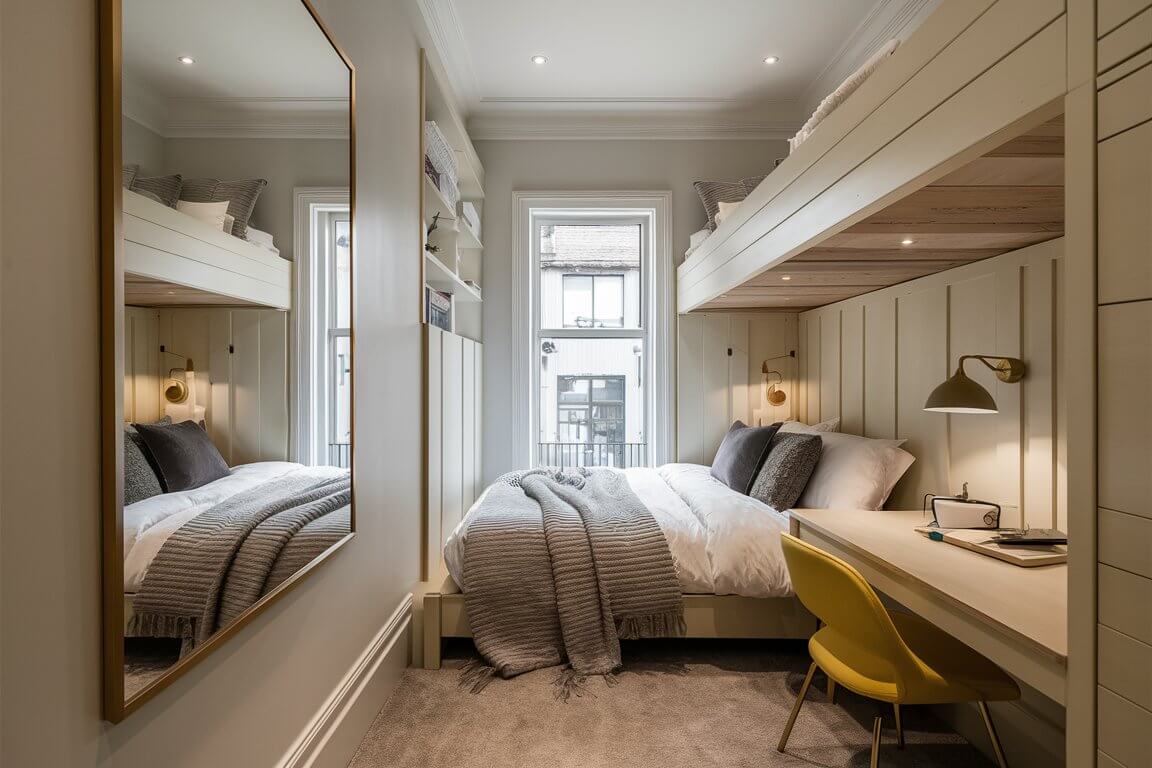 Cozy bedroom with a bunk bed, mirrored wall, grey bedding, and a desk with a yellow chair underneath a well-lit window.
