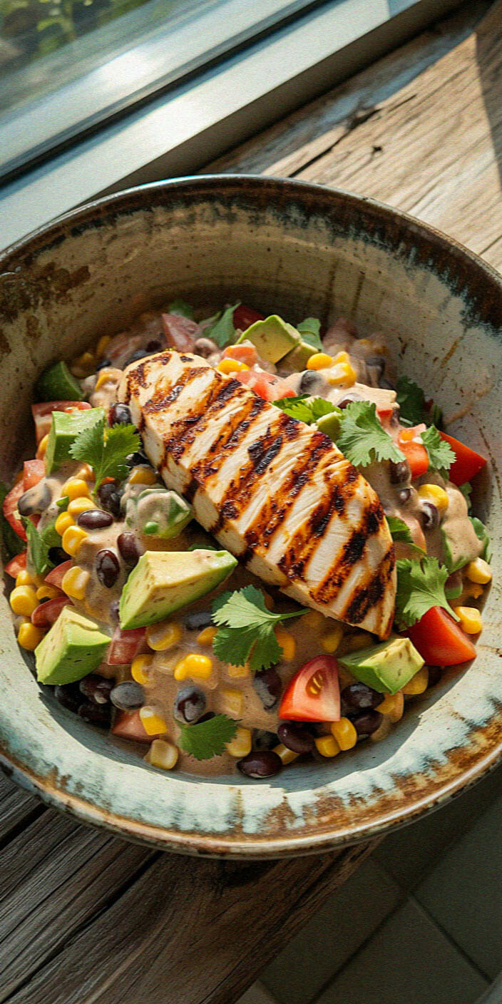 A colorful bowl of grilled chicken, avocado, corn, black beans, tomatoes, and cilantro sits on a rustic wooden table near a window.