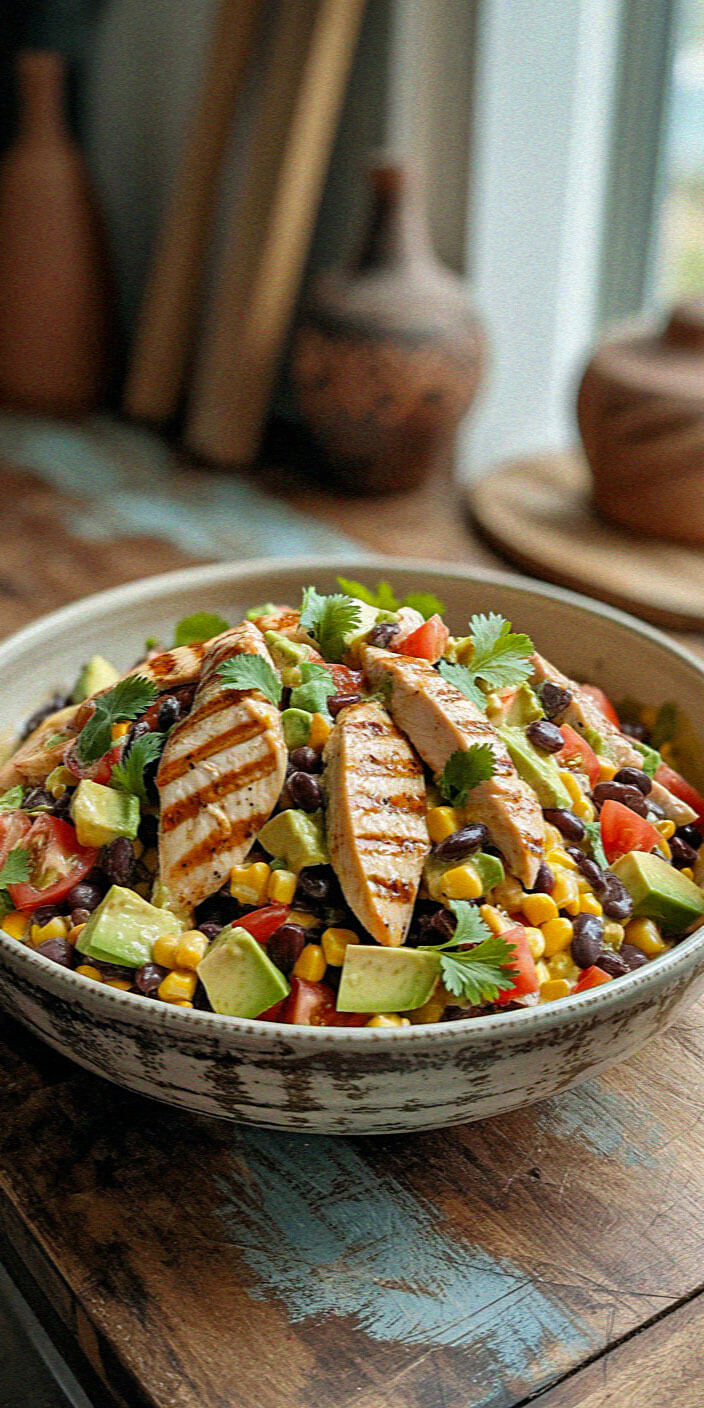 A vibrant salad with grilled chicken, avocado, corn, beans, tomatoes, and cilantro in a rustic bowl on a wooden table.