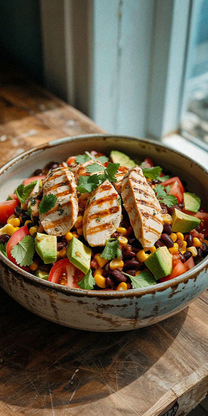 A rustic bowl filled with grilled chicken, avocado, beans, corn, tomatoes, and cilantro sits on a wooden table by a window.