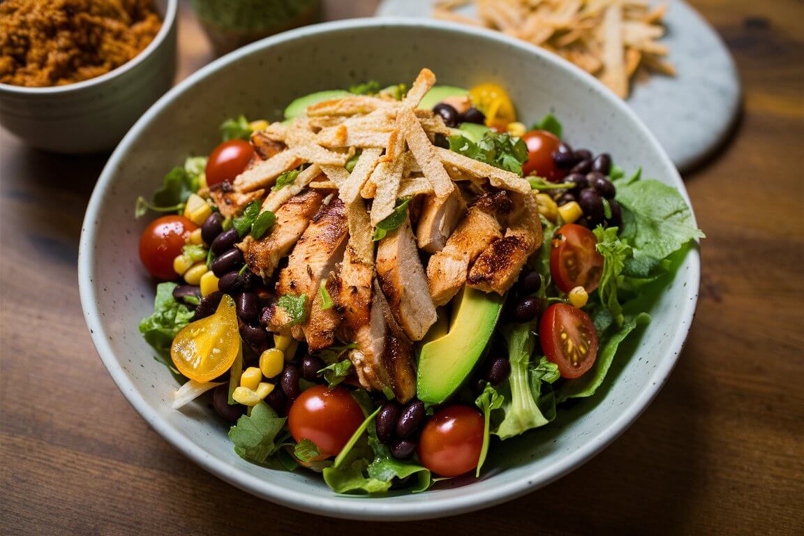 A colorful salad with grilled chicken, avocado, tomatoes, black beans, corn, and crispy tortilla strips in a large bowl on a wooden table.