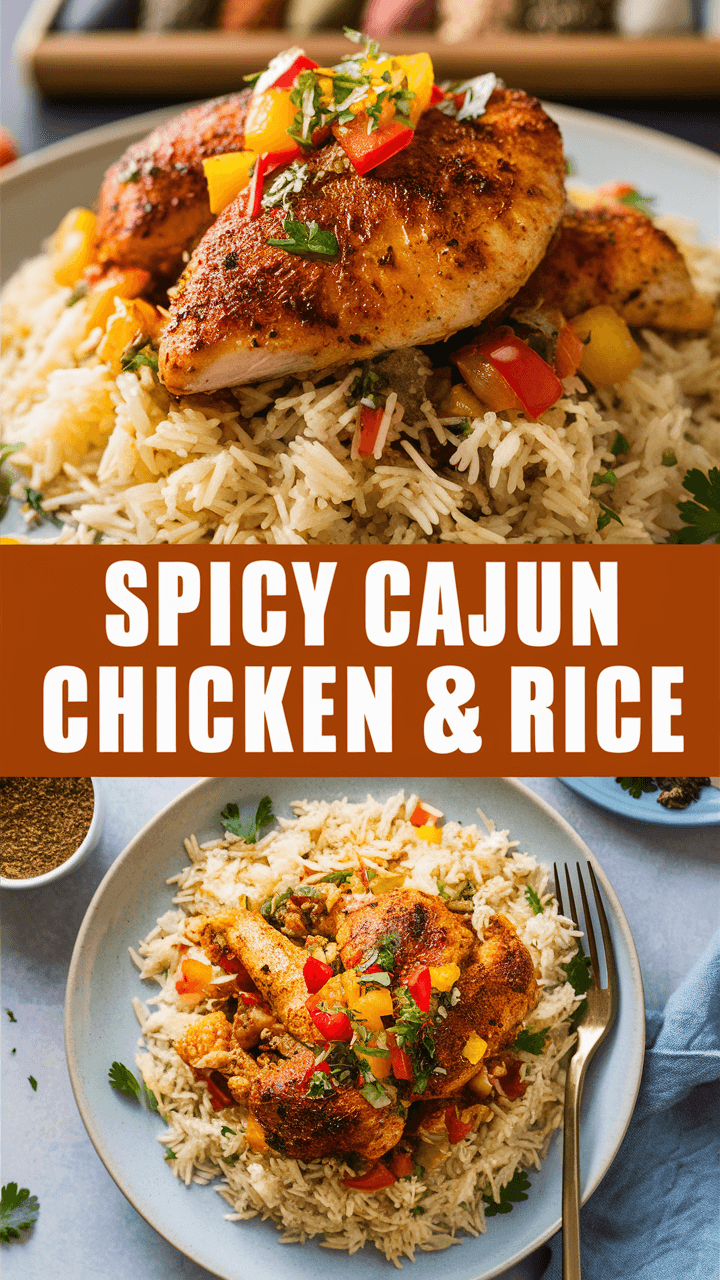 A plate of spicy Cajun chicken and rice, garnished with fresh herbs and peppers. Bold, vibrant presentation with promotional text.