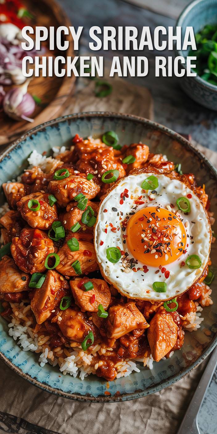 A vibrant dish of spicy Sriracha chicken and rice topped with a sunny-side-up egg, garnished with green onions and sesame seeds.