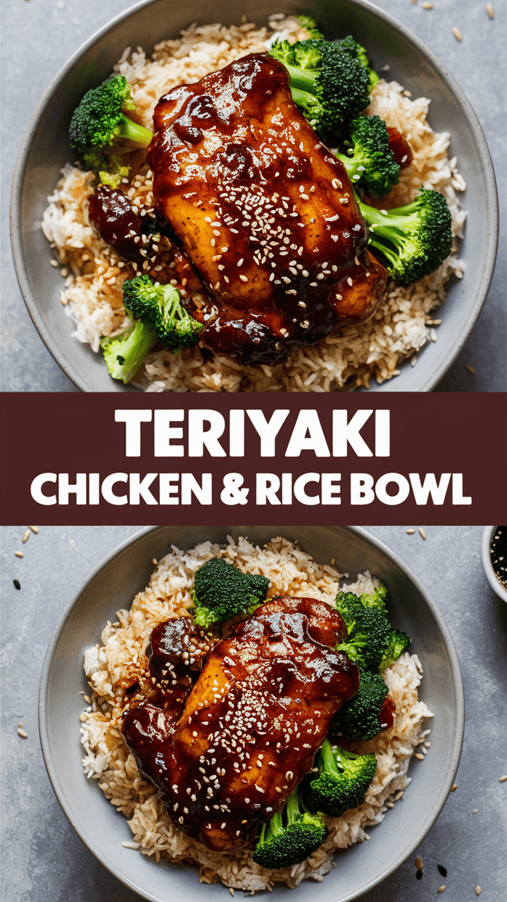 Two bowls of teriyaki chicken with rice and broccoli, garnished with sesame seeds, displayed against a gray background.