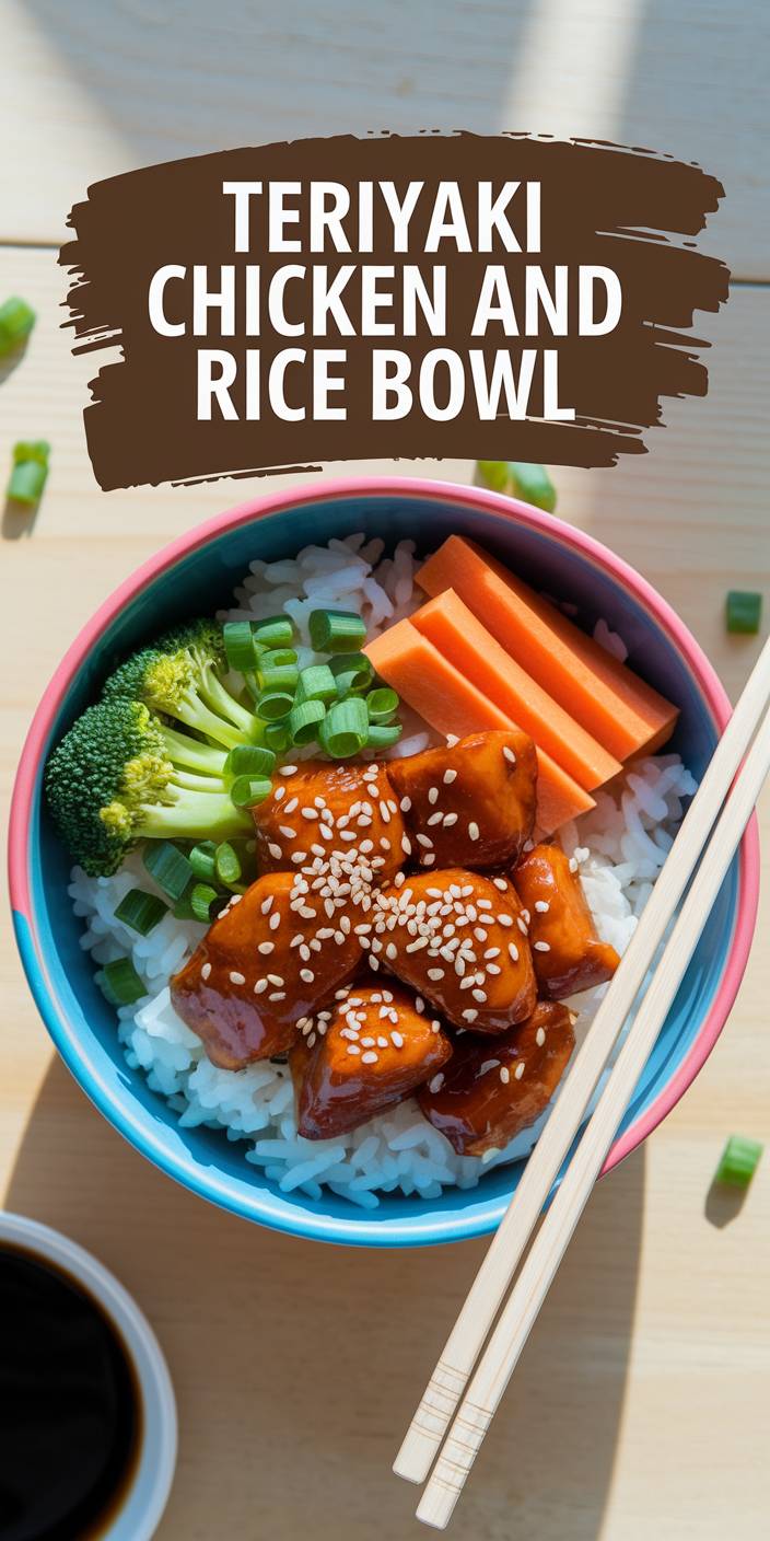 A colorful bowl of teriyaki chicken, rice, broccoli, and carrots, garnished with green onion and sesame seeds, accompanied by chopsticks and soy sauce.
