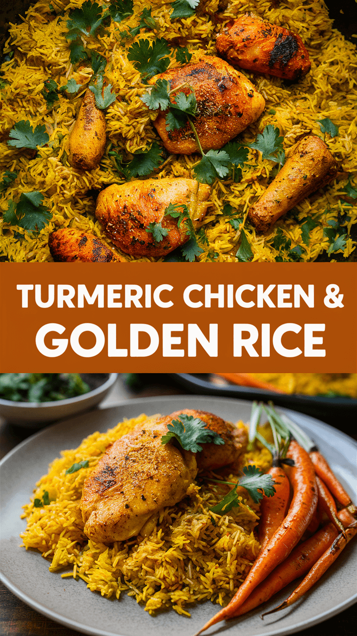 Golden turmeric chicken with rice garnished with cilantro, accompanied by roasted carrots. Text highlights "Turmeric Chicken & Golden Rice." Vibrant, appetizing presentation.