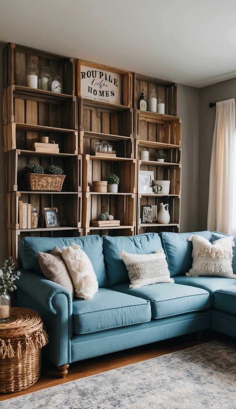 A cozy living room with repurposed wooden crate shelves, adorned with rustic home decor on a budget