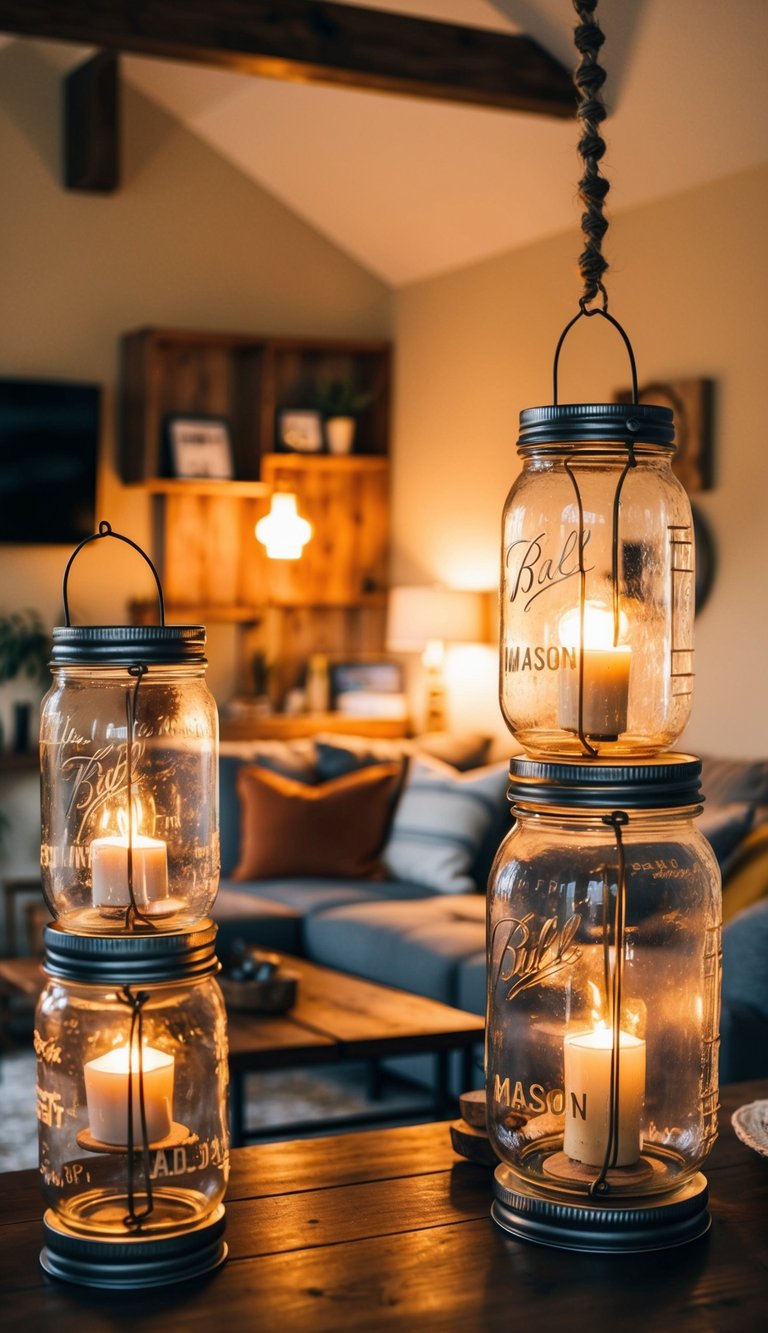 A cozy living room with rustic mason jar lanterns casting a warm glow on budget-friendly decor