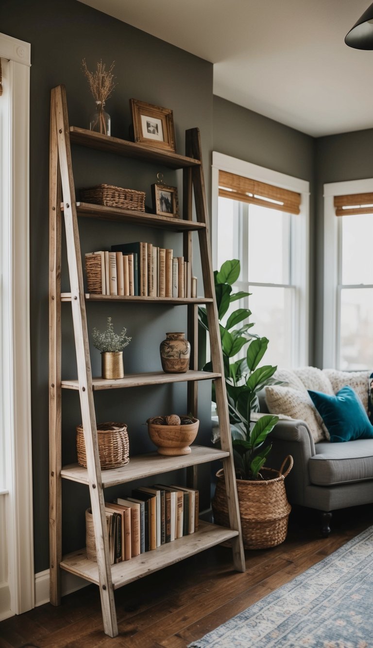 A vintage ladder bookshelf adorned with rustic home decor items in a cozy living room setting on a budget