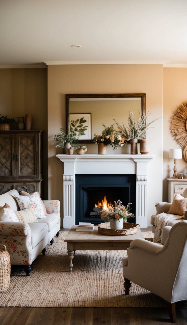 A cozy living room with rustic furniture, floral prints, and soft earthy tones. A large fireplace is the focal point, accented with vintage decor and natural textures