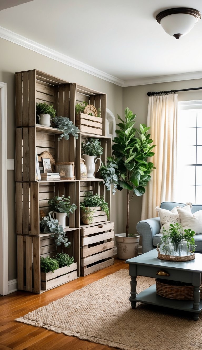 A cozy living room with repurposed wooden crates as shelves, filled with vintage decor and greenery, creating a charming French country atmosphere on a budget