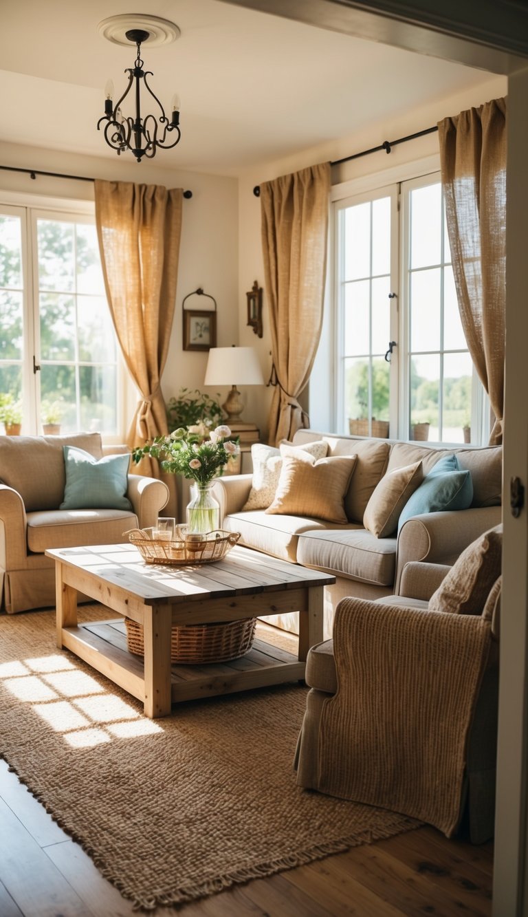 A cozy living room with burlap curtains, rustic furniture, and French country decor. Sunlight filters through the windows, creating a warm and inviting atmosphere